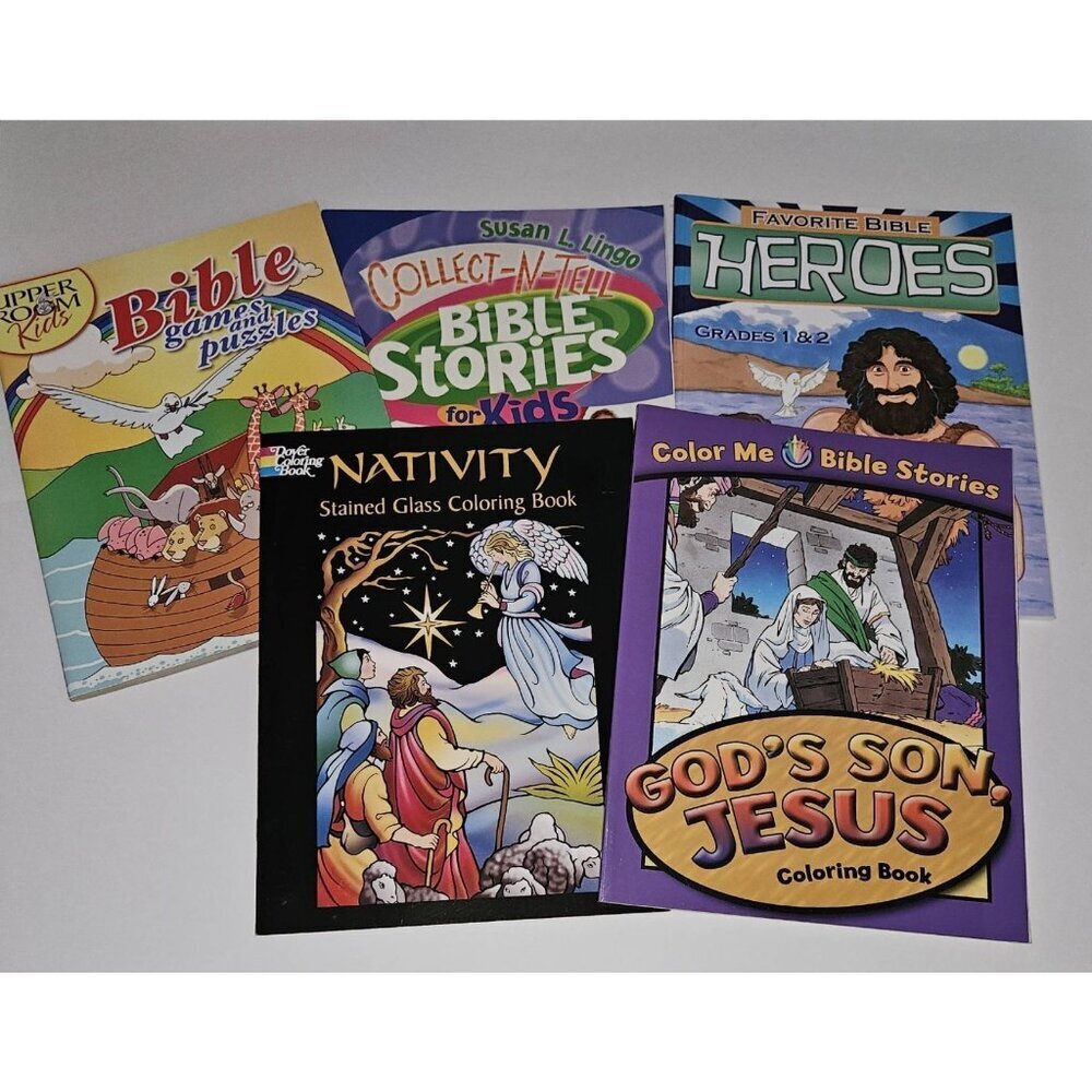 5 Religious Coloring Activity Books Lot Nativity Stained Glass Games NEVER USED